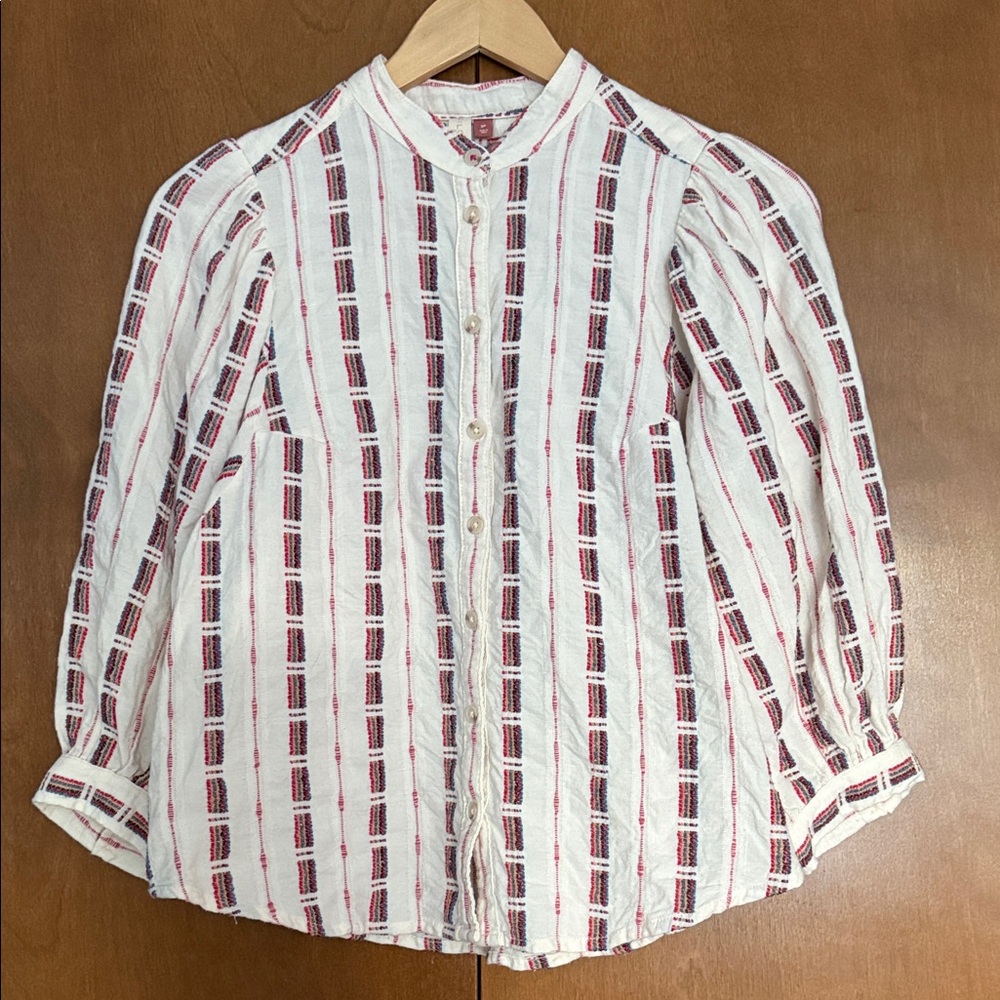 Pilcro Embroidered White Blouse with Red and Blue Accents